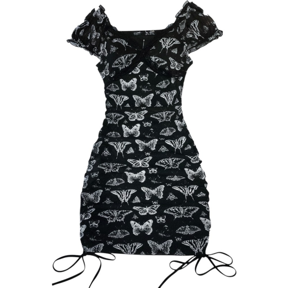 Romwe Butterfly Mesh Mini Dress M Black Ruched Lace Trim Whimsygoth